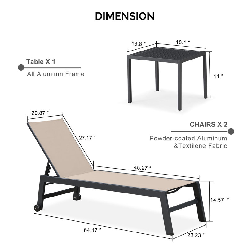 PURPLE LEAF Outdoor Chaise Lounge with Wheels for Outside 2 Pieces Aluminum Patio Lounge Chair with 5 Adjustable Position Recliner for Patio, Beach, Yard, Pool, Side Table Included, Beige