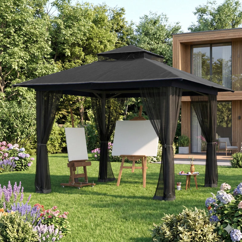 10X10 Gazebo, Outdoor Patio Gazebo With Mosquito Netting, Double Roof Metal Gazebo, Canopy For Backyard Covered Patio, Heavy Duty Gazebo Outdoor For Garden Deck Lawn，Black / Gray / Khaki / Navy Blue