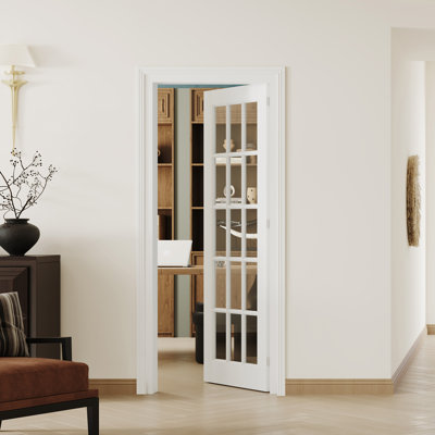Dalle de porte intérieure en verre transparent 15 Lite - Porte en panneau de fibres à densité moyenne blanche pré-suspendue avec cadre réglable à droite (porte et cadre livrés séparément)