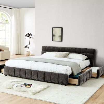 King Size Bed With Drawer And Chenille Upholstery - Dark Gray Fabric Handy Storage Option