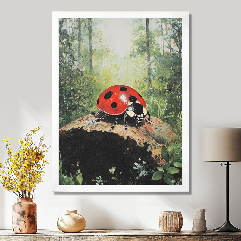 Curious Spotted Ladybug Forest III - Ladybug Canvas Print, 32" H x 24" W, Floater Framed Print, Brown