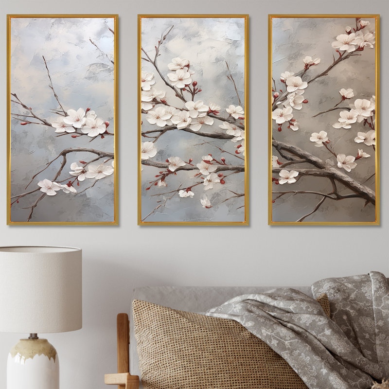 Menlo - ensemble d'art mural sur toile Cherry Blossom, Cadre flottant doré, H 28 po x l 36 po