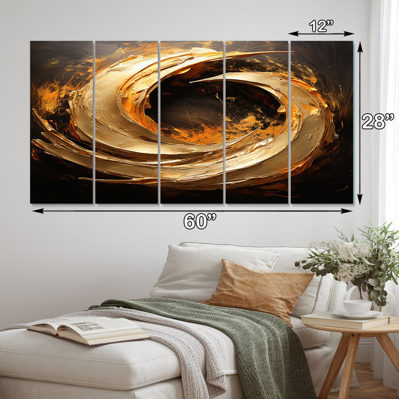 Spiral vintage or, reproduction sur toile - spirales abstraites, reproduction d'art mural - 5 panneaux égaux
