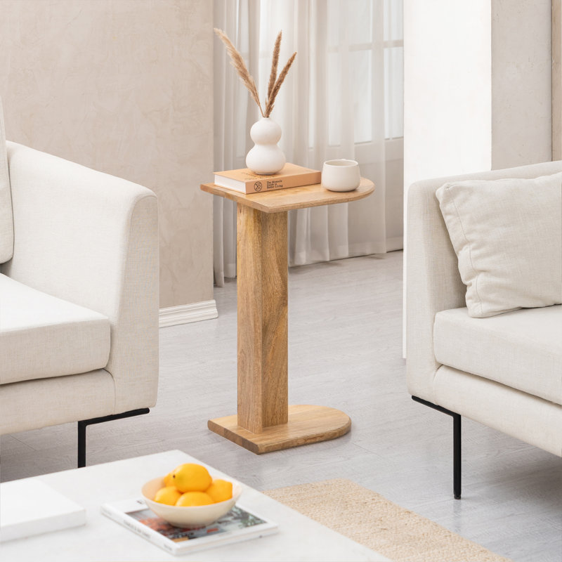 Bobby Solid Wood C Shaped Side Table, Natural