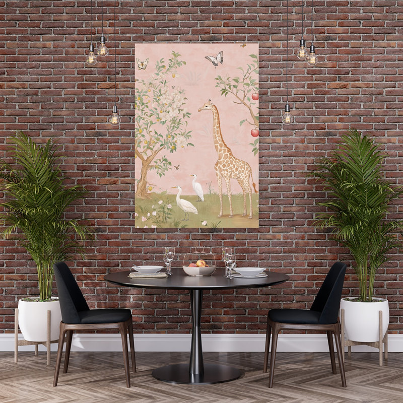 Whimsical Giraffe Garden Dreamy Peaceful Serene Apple Tree Lemon Tree Bird Fruit Landscape Wall Art Print by Mathieu - Wrapped Canvas Print