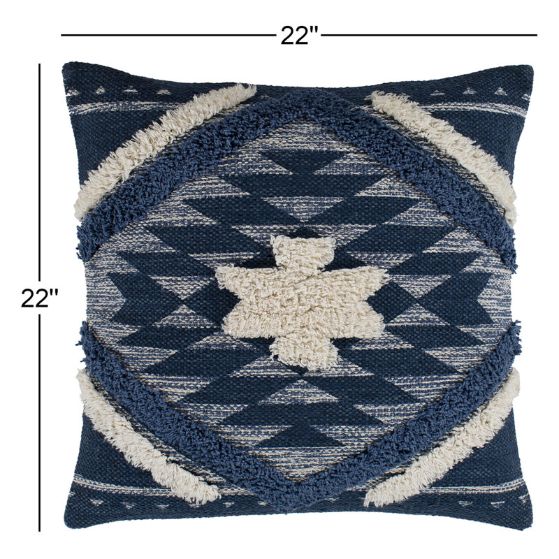 Embroidered Cotton Reversible Pillow Cover, 22" x 22", Denim/Navy