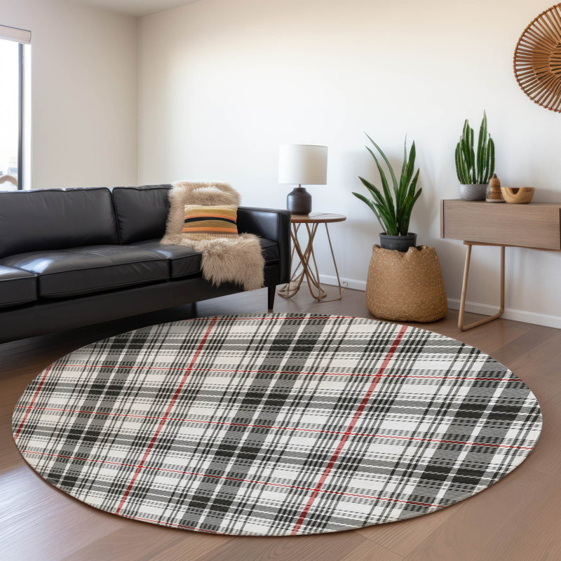 Premium Machine Washable Lyndhurst AMF993 Plaid Rug, Round 8'