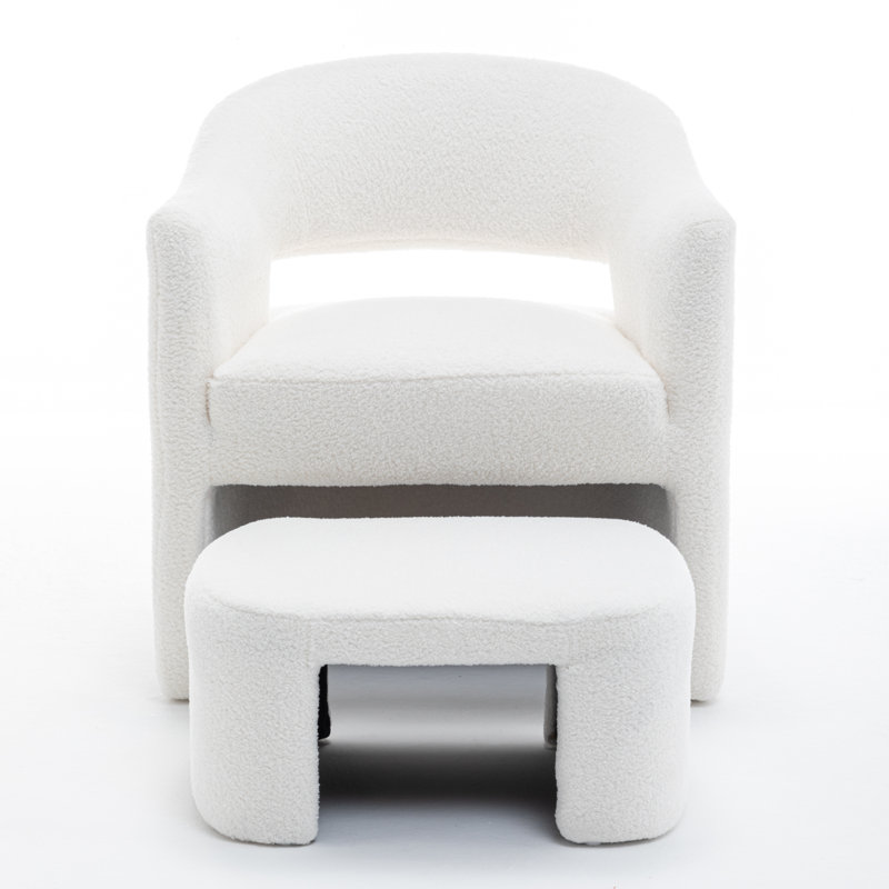 Torrence Upholstered Barrel Chair With Ottoman, White Faux Fur