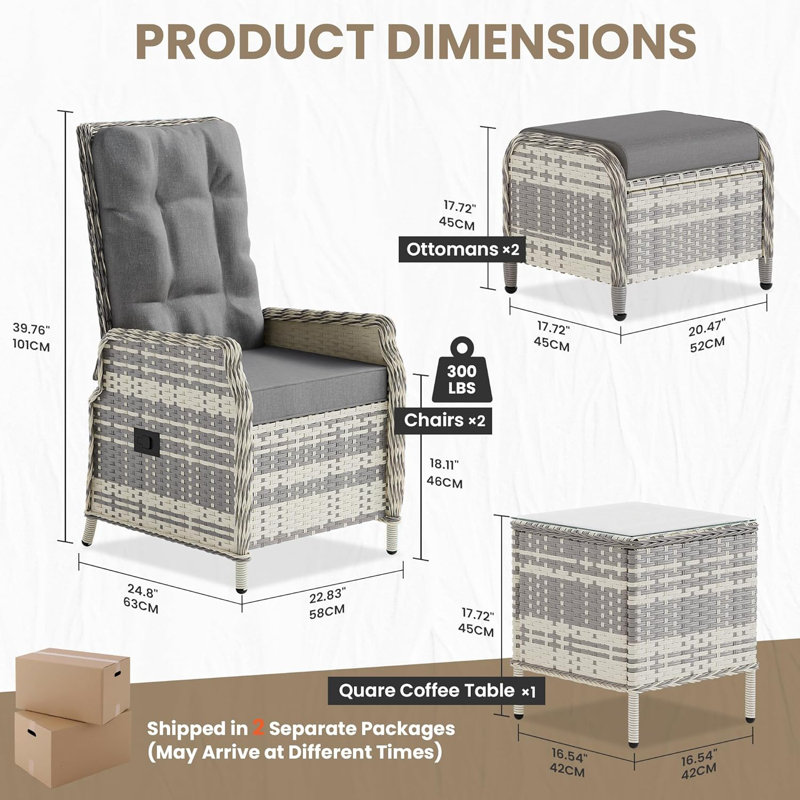 Garden Lounge Sets,Outdoor Recline Wicker Chair & Footstool with Cushions, Grey