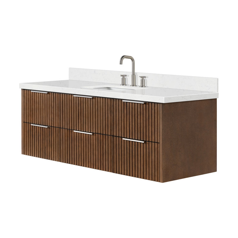 Meuble-lavabo mural simple 60 po avec comptoir à quartz blanc Carrara de 1,5 po Mulloy, Rectangulaire, Chêne brun