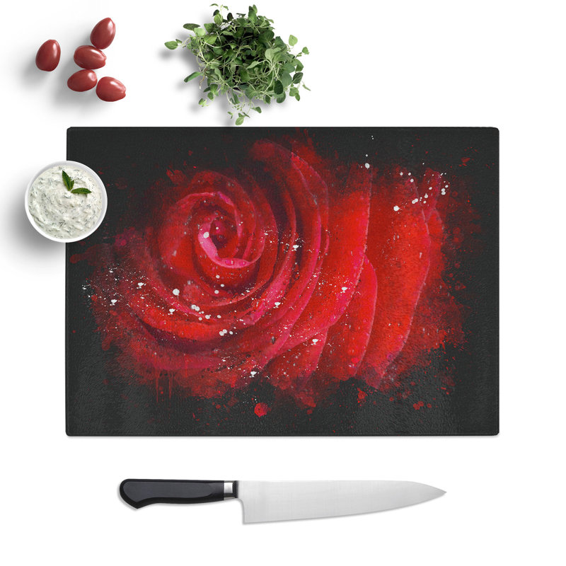 Tempered Glass Dewdrops upon a Red Rose Chopping Board, 20 cm x 28.5 cm