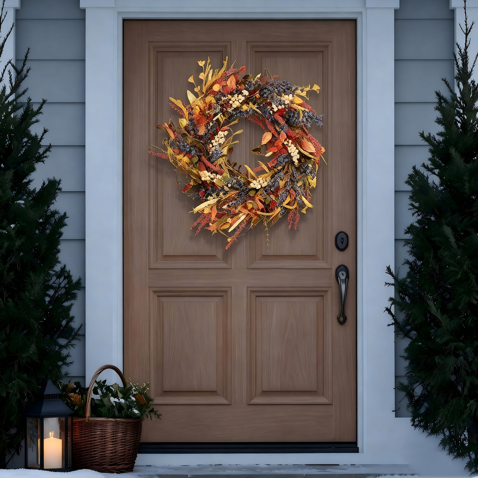 24" Handcrafted Foliage, Berry Thanksgiving Wreath, Orange/Blue
