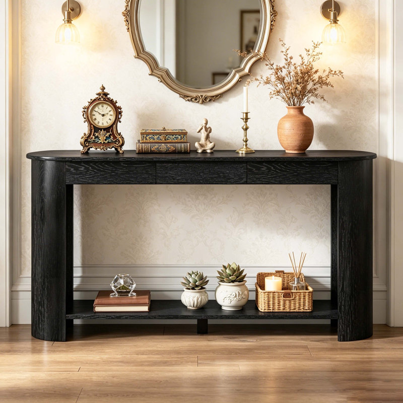 Console ovale avec 3 tiroirs et tablette de rangement inférieure, canapé d'entrée en placage de chêne, Black
