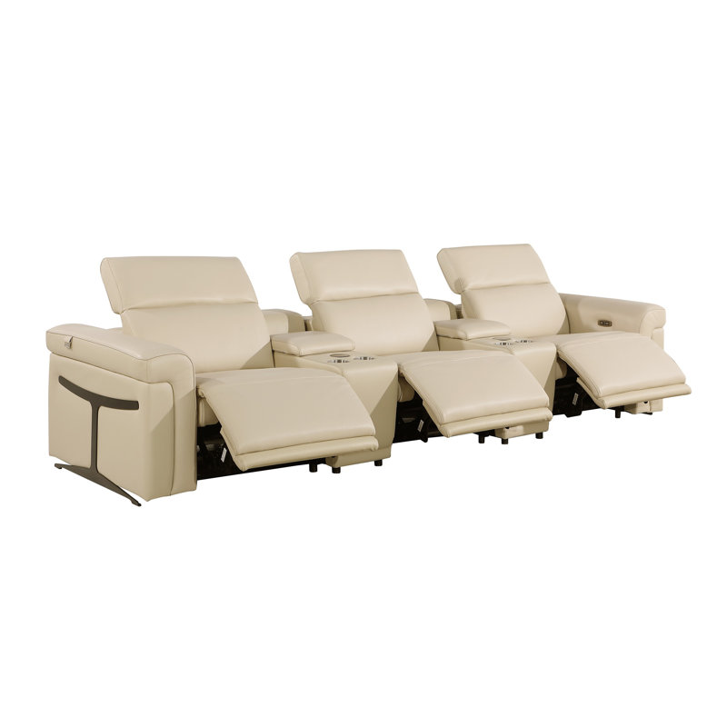 5-Piece 3-Power Reclining Italian Leather Sofa With Power Headrest, Beige