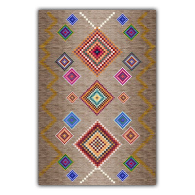 Beige Geometric Multicolor Woven Base Machine Washable Rug