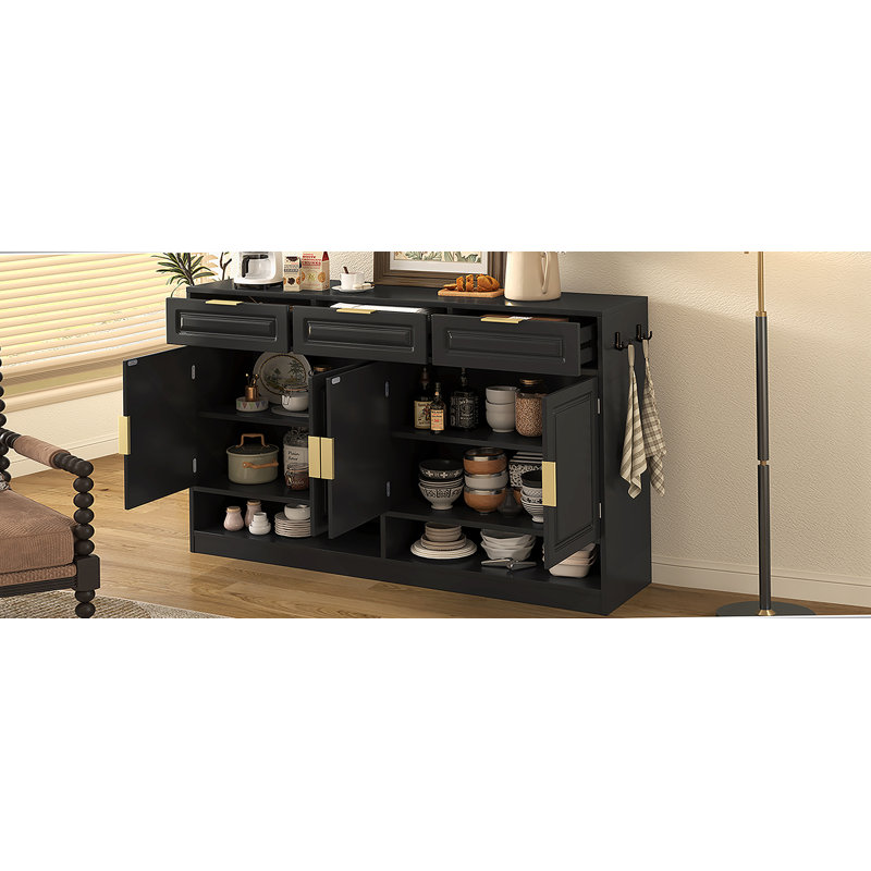 Buffet avec 3 tiroirs et 4 portes, buffet de rangement avec tablette réglable et compartiments de rangement ouverts, Noir