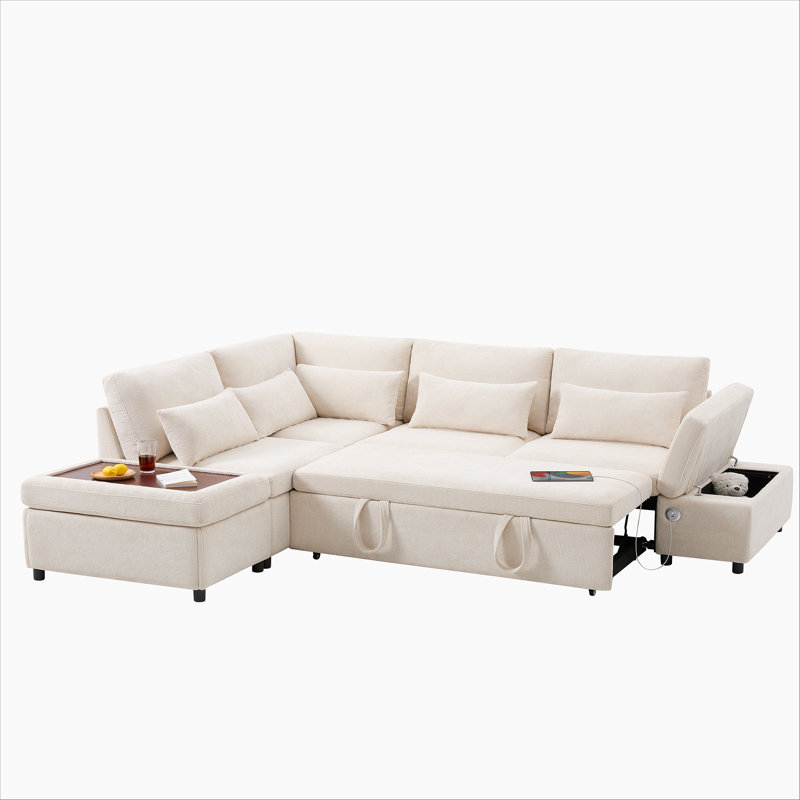 107'' Sectional Sleeper Sofa Bed with Pull Out Couch, L-shaped with Adjustable Armrest, USB&Type-C Charging, Free Movement Storage Ottoman, Free Combination for Living Room&Apartment, Chenille