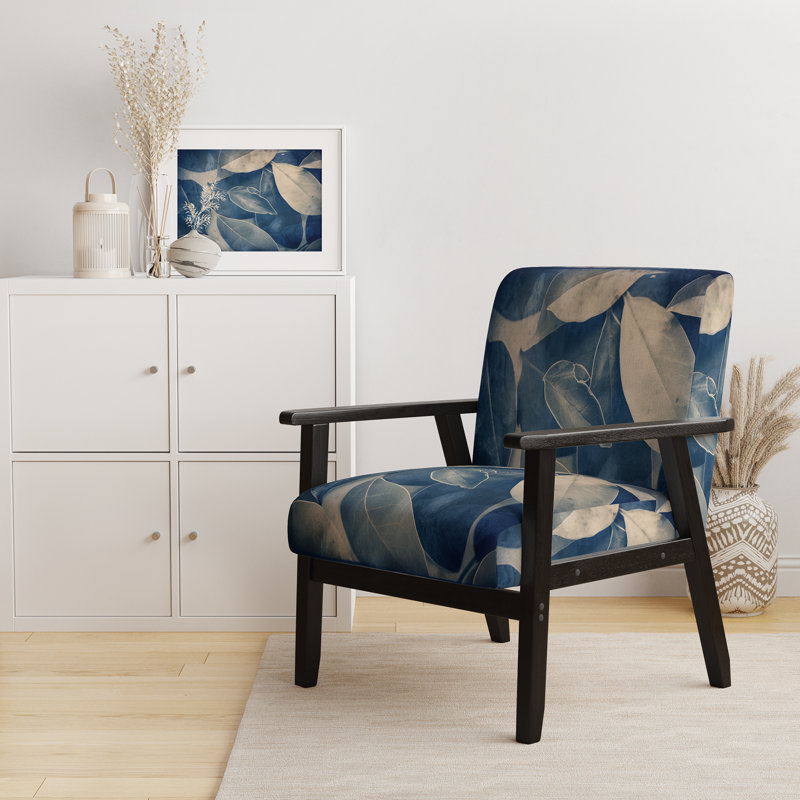 Chaise à accoudoirs contemporaine rétro avec motif de feuilles d'automne rétro bleu botanique délavé I
