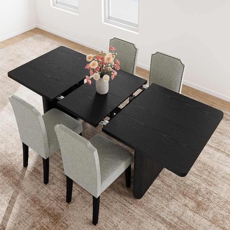 Ensemble table et chaises de salle à manger rectangulaires extensibles de style campagnard, de 160 cm à 210 cm, avec chaises rembourrées, coins arrondis, piètement en bois massif et garniture cloutée pour la cuisine