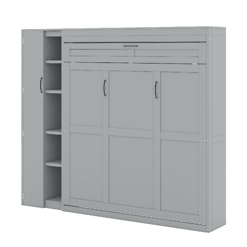 Gulshara Murphy Bed Wall Bed With Shelves, Wardrobe And LED Lights, Grey, Queen