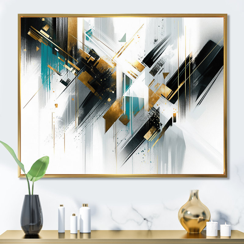 " Teal Gold Cubist Kaleidoscope I ", Cadre flottant doré, H 30 po x l 40 po x P 1,5 po