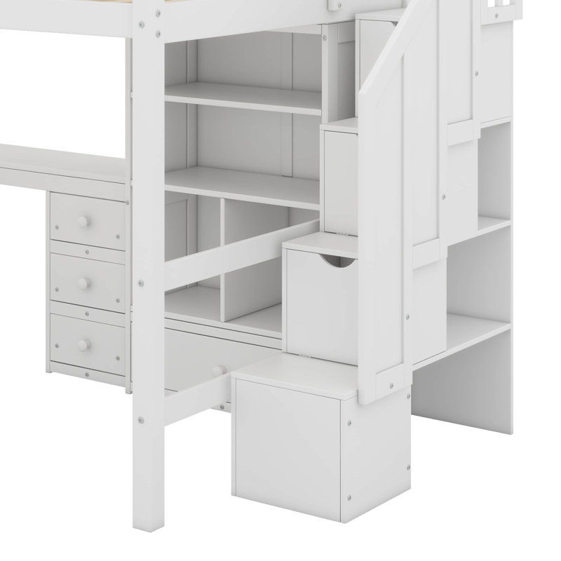 Lit mezzanine double avec bureau en L et tiroirs, Blanc