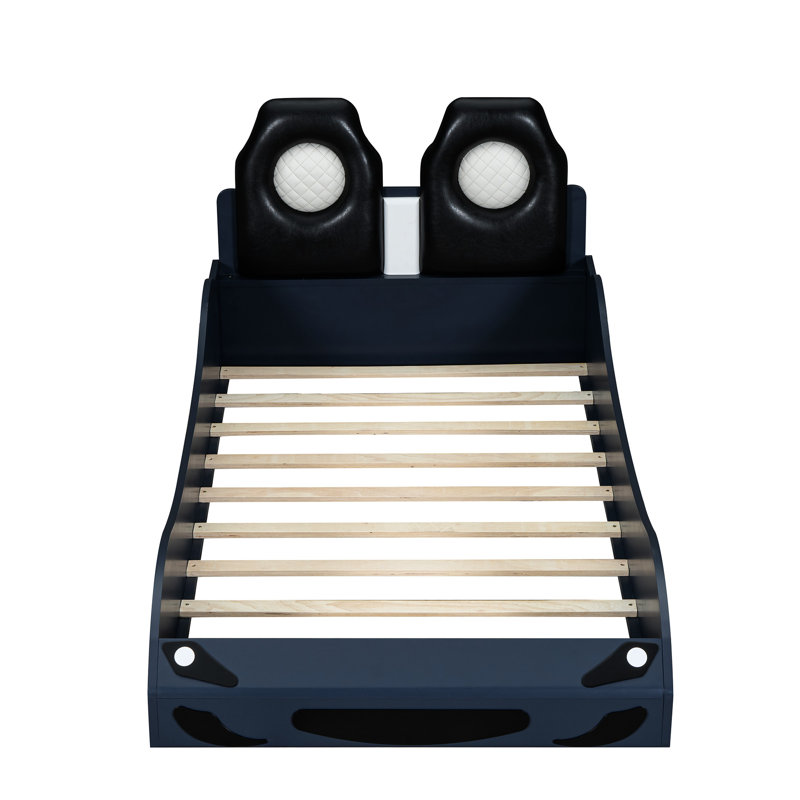 Lit simple bleu en bois en forme de voiture de course avec dossier à DEL et rembourré - Voiture confortable avec dossier rembourré confortable et sécuritaire