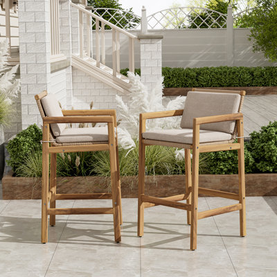Wood Outdoor Barstool, Teak Finished Wood With Beige Cushion, Set Of 2