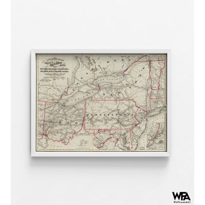New York, New Jersey, Pennsylvanie, Delaware, Maryland, Ohio, Canada, 1860, carte de l'ancien est, reproduction antique, New York, art mural