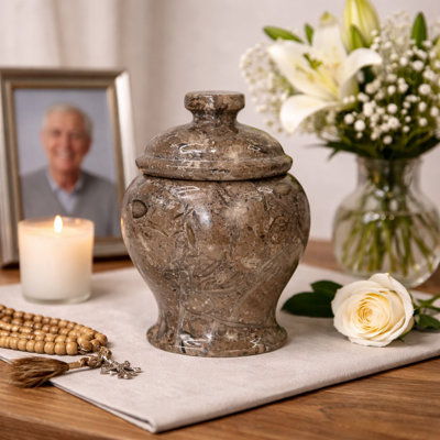 Decorative Marble Urn With Lid, 5 Inches Tall, Oceanic Grey Pattern, 1.92 Lbs