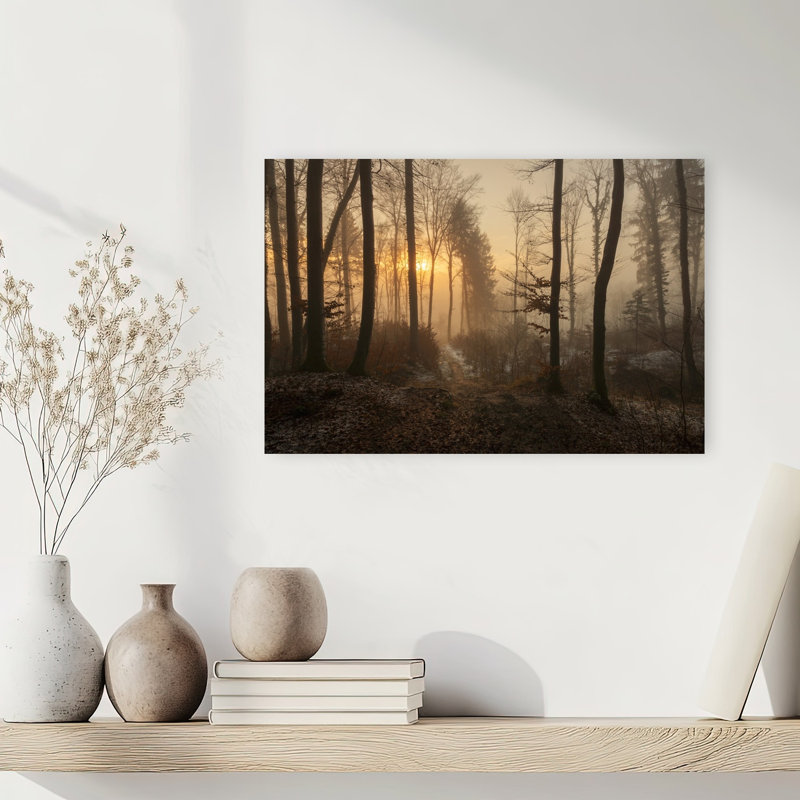 Sunlit Misty Forest Path Ethereal Peaceful Serene Forest Nature Wall Art Print 1 Piece Wrapped Canvas Wall Art