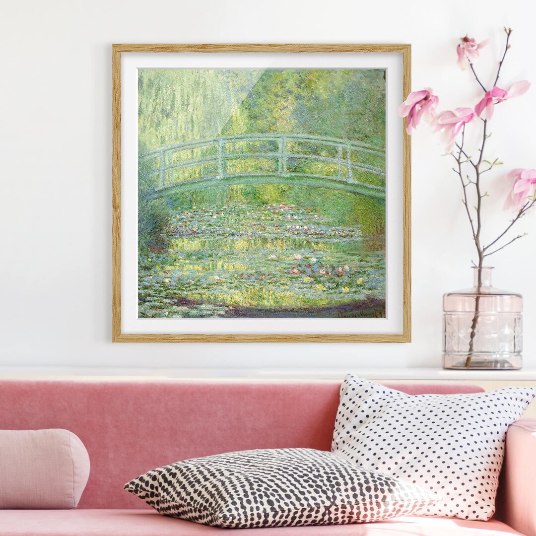 Gerahmtes Papierbild Japanische Brücke von Claude Monet in Grün