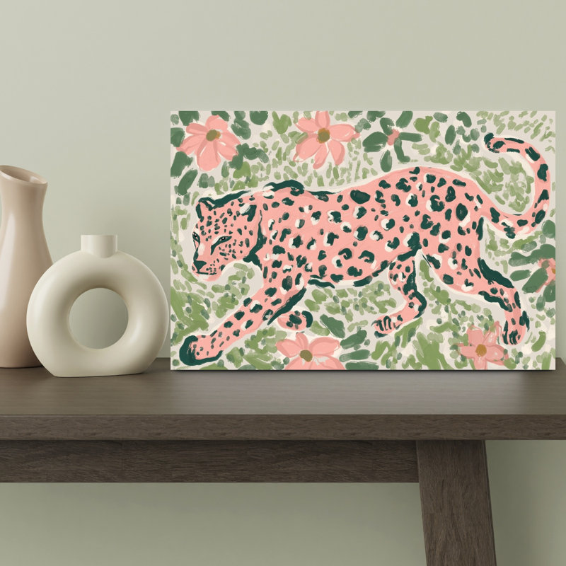 Whimsical Pink Leopard Whimsical Abstract Cat Animal Nature Wall Art Print by Treechild - Wrapped Canvas Print