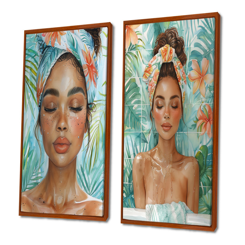 Ensemble de 2 pièces d'art mural pour salle de bain rose et bleu, H 32 po x l 32 po, Cadre flottant brun