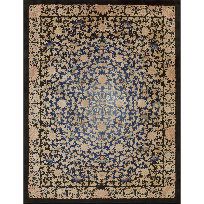 Tapis noué à la main chinois antique en laine bleue des années 1900