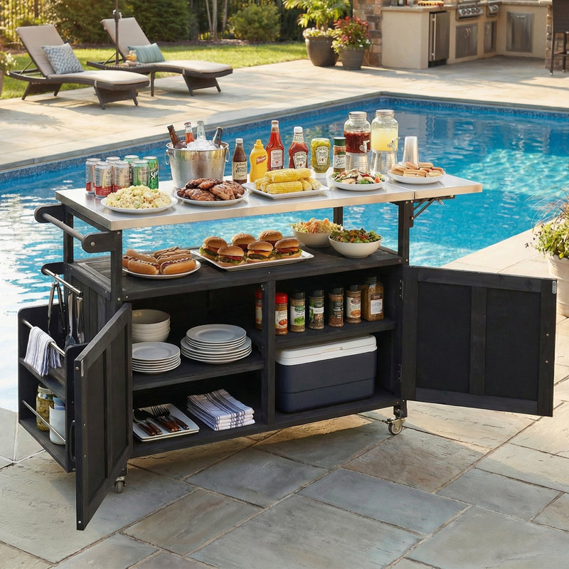 Foldable Outdoor Kitchen Island Patio Mobile Kitchen Cart Portable Outdoor Cooking Island with Lockable Wheels, Storage Cabinet and Towel Rack for Patio and Outdoor, Black