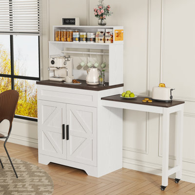 Coffee Bar Cabinet With Magnetic Note Zone, Extendable Kitchen Sideboard Cabinet With Adjustable Shelves, White Wine Bar Cabinet For Dining Room by Gracie Oaks