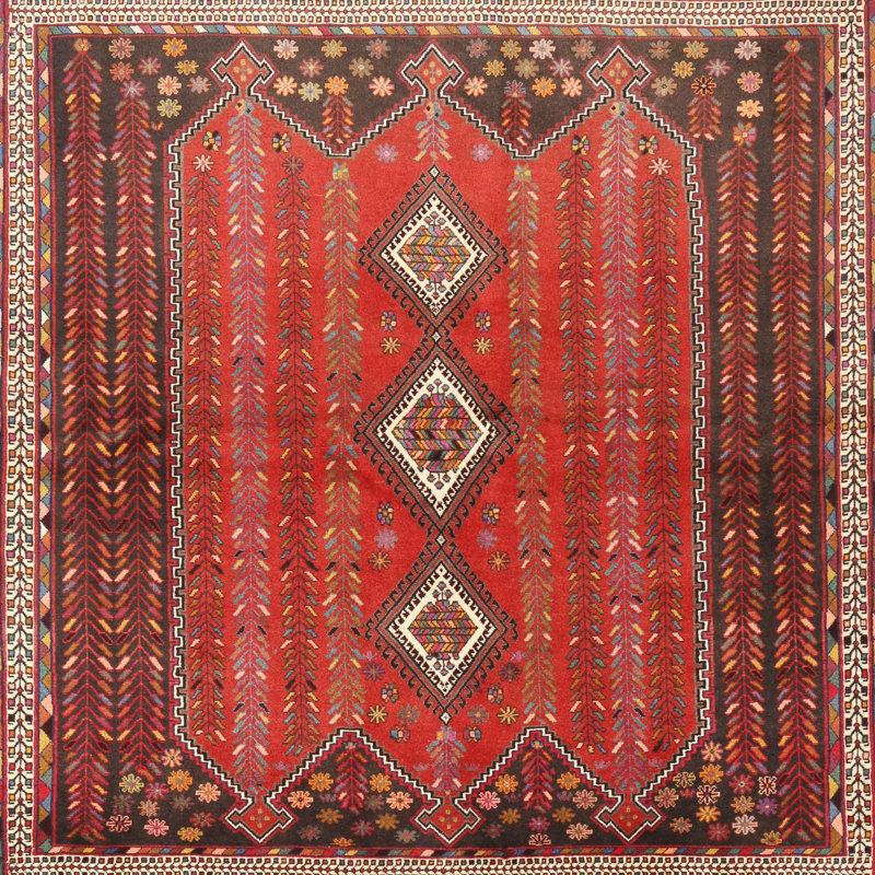 Tapis traditionnel brun / beige / rouge, Carré 5 pi