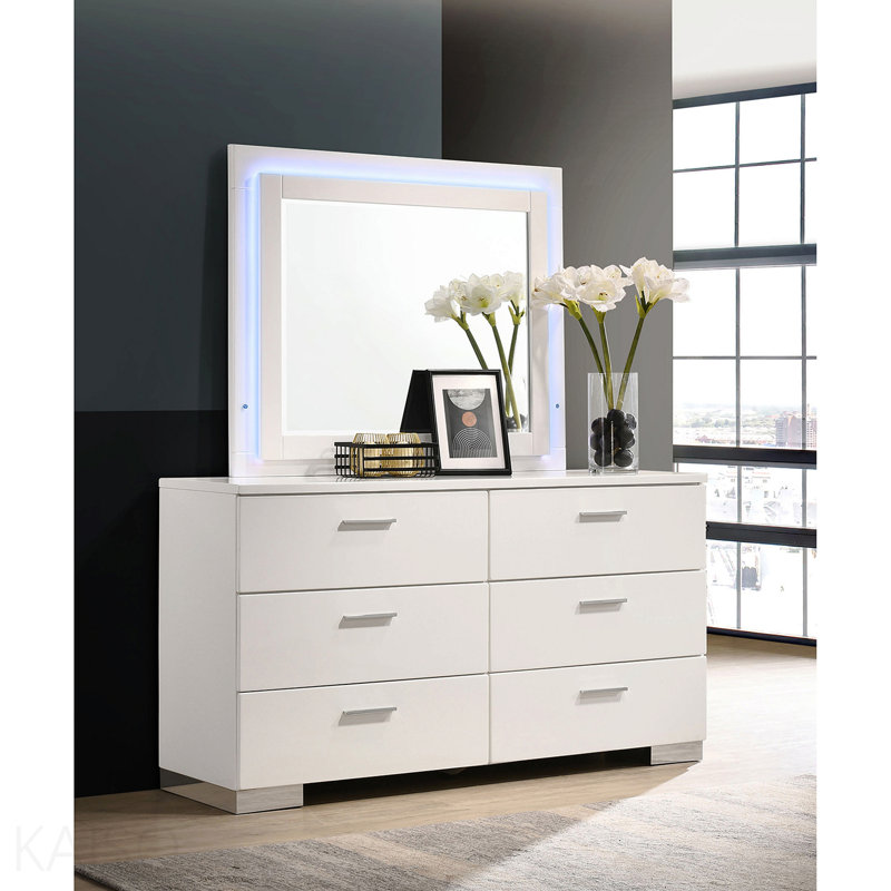 Commode 6 tiroirs blanche brillante avec miroir à DEL