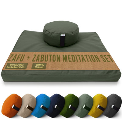 Meditation Cushion and Mat Set - Organic Buckwheat Filled Zafu Meditation Pillow with natural Filled Zabuton Floor Pad