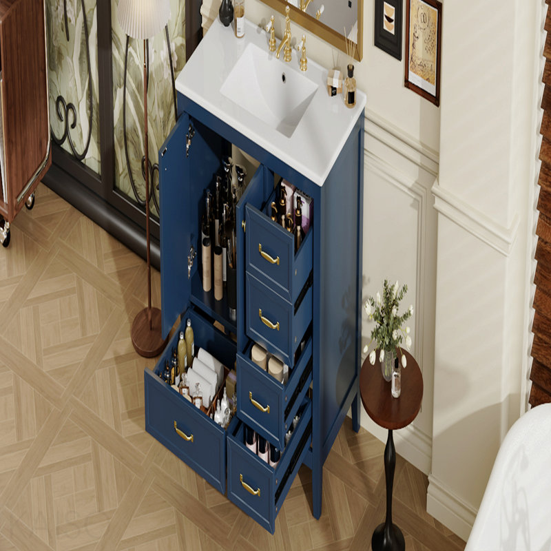 Meuble-lavabo 36 po avec lavabo, armoire de salle de bain avec porte à fermeture en douceur, 4 tiroirs de différentes tailles, structure et pied en bois massif, deux ensembles, bleu