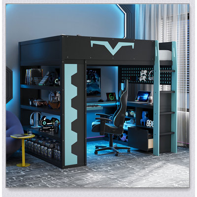 Gaming Loft Bed With Integrated Desk & RGB LED Lights, Pro-Gamer Bed With Power Outlet, Large Bookshelf, Pegboard, Keyboard Tray & Storage Drawer, 3 Colors Available