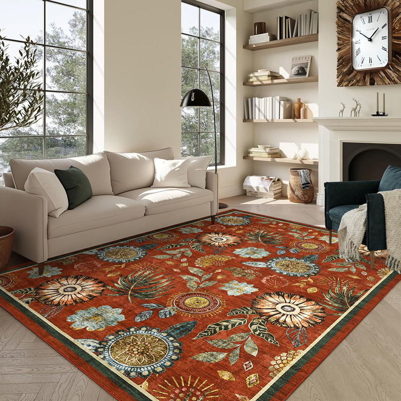 Floral Machine Washable Rug with Non Slip TPR Backing, Non Shedding Soft Low Pile Rug for Living Room Bedroom Nursery