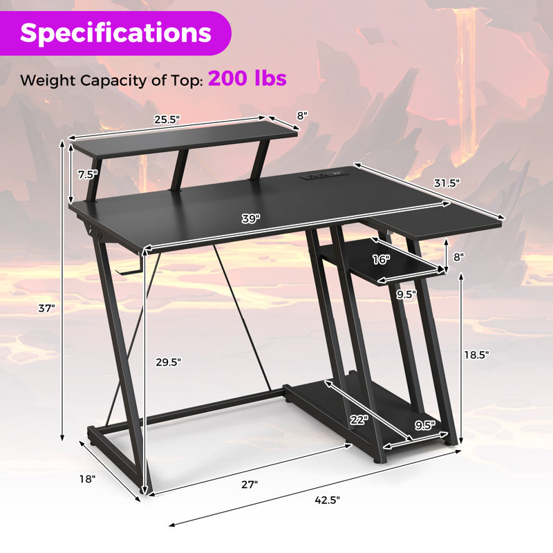 Computer Desk w/ Built-in Charge Station Metal Frame Gaming Desk w/ Monitor Shelf Writing Desk, Black