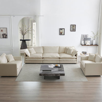 Chenille beige moderne, 1 + 1 + 3 sièges, accoudoirs ronds, structure en bois, tissu haut, sièges de salon confortables: revêtement, structure solide, confortable