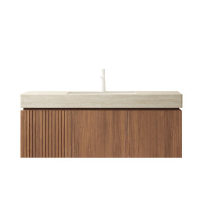 48" Wall Mounted Bathroom Vanity With Sink, White Oak Floating Cabinet With Drawer & Doors, Light Gray Sintered Stone Top,Pre-Assembled