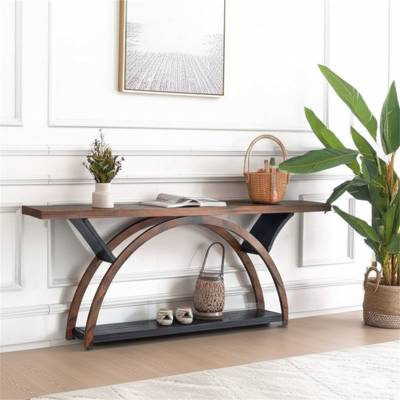 Console de 70,87 po avec tablette de rangement, canapé long et étroit derrière le canapé, table d'entrée rustique à 2 niveaux avec cadre en demi-lune pour le couloir du salon (brun et noir)