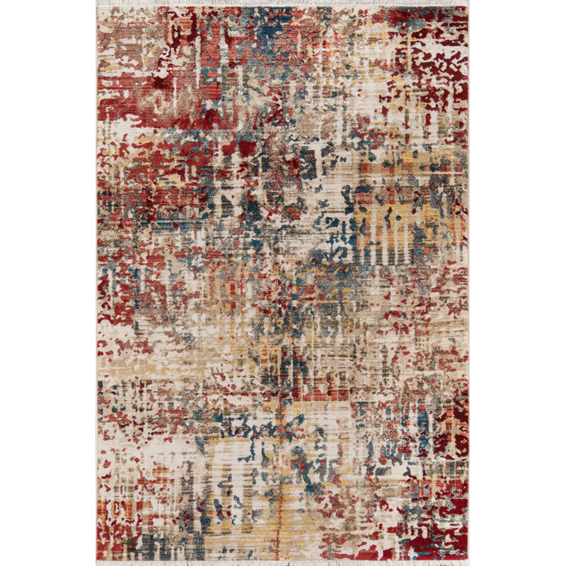 Tapis rouge / beige à motif abstrait et à velours coupé Charest, Rectangle 5 pi x 7 pi 5 po