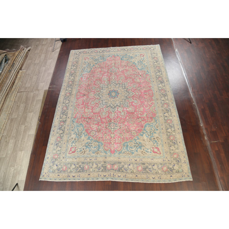 Tapis rose en laine noué à la main de conception unique 9 pi 5 po x 12 pi 10 po