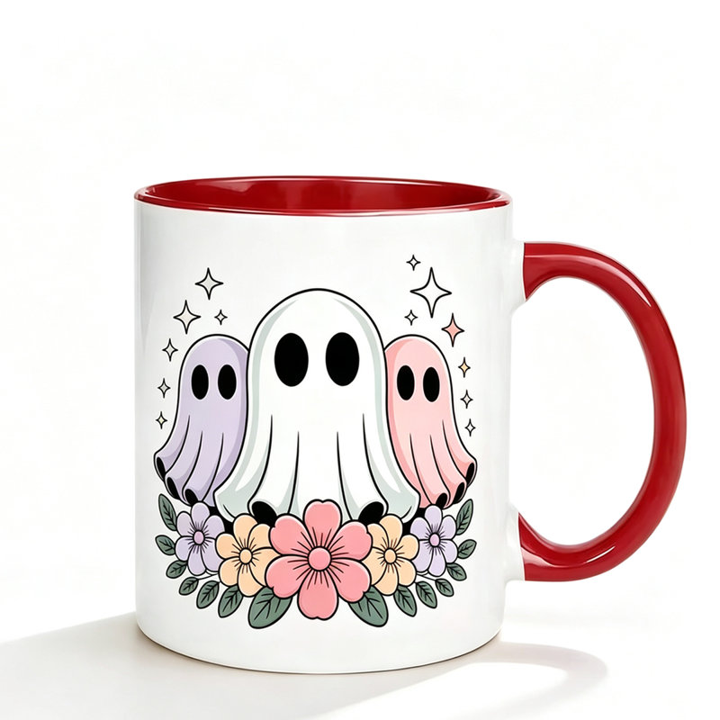 Halloween Mug Featuring Adorable Ghosts Design, Kawaii Spooky Ceramic Coffee Cup Adorned with Bow And Floral Motif.